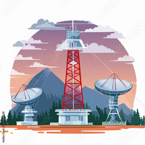 Vector illustration of a telecommunication station where digital signals fly from a broadcast tower, with data flying to satellite dishes over a mountain range