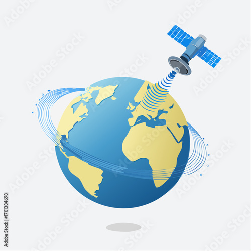 Dynamic vector artwork depicting a communication satellite flying above the planet, illustrating the seamless global network and data flying across continents for worldwide digital connectivity