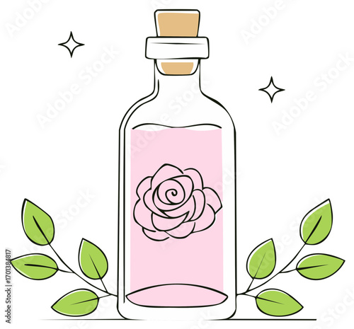 Delicate glass bottle with pink rose essence and green leaves decorative elements