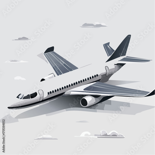 Airplane in Flight Illustration with Clouds and Sky Background