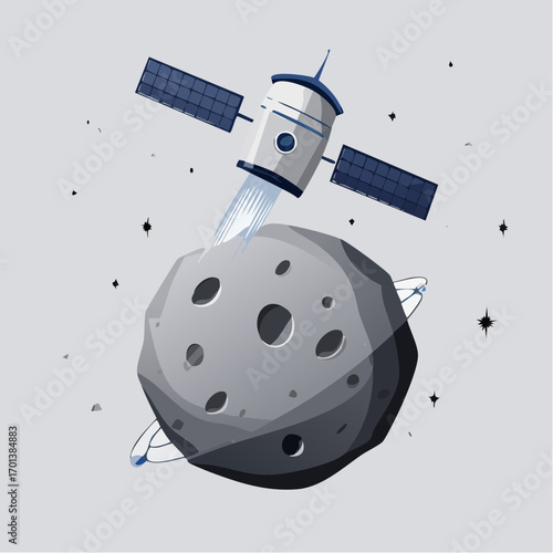 Vector illustration of a satellite launching from a small, cratered planet or asteroid, symbolizing space exploration, technological advancement, and the journey into the cosmos