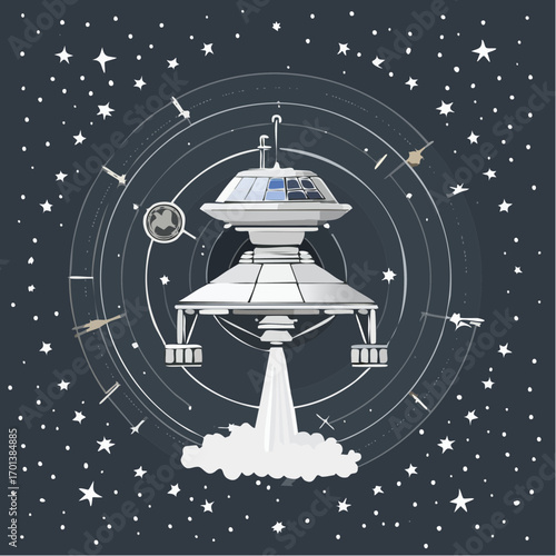 A futuristic space station launching with a plume of smoke, surrounded by stars, planets, and spacecraft in a circular diagram