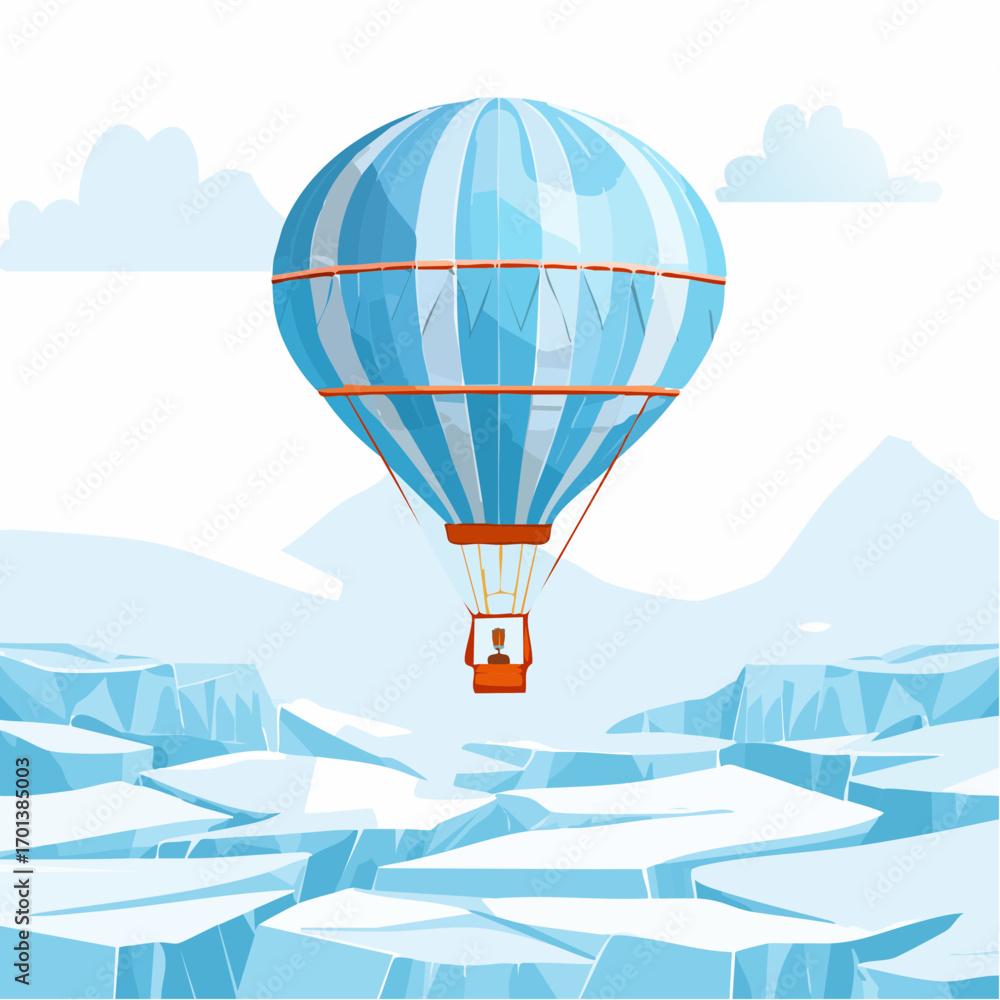 Fototapeta premium An adventurous journey in a hot air balloon soaring above a vast, frozen landscape of cracked arctic ice, representing exploration and travel