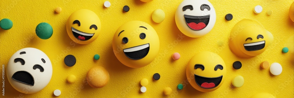 Fototapeta premium Emoji Background Showing Different Feelings and Expressions, With Yellow, Green, and Black Decorations