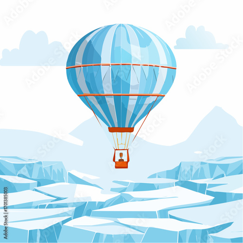An adventurous journey in a hot air balloon soaring above a vast, frozen landscape of cracked arctic ice, representing exploration and travel