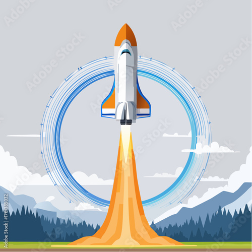 Spacecraft launching into orbit with rocket boosters, a flat design vector illustration representing a business startup, innovation, and successful project development