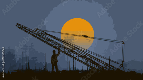 Construction worker silhouette on crane at dusk