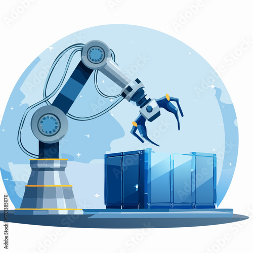 Futuristic robotic arm managing glowing server racks in a modern data center, illustrating the concept of artificial intelligence and cloud computing automation