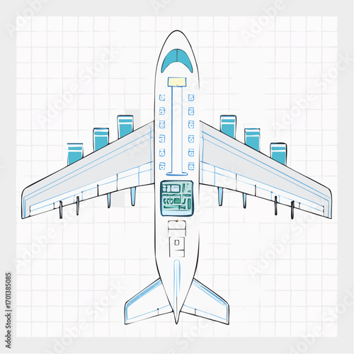 Conceptual illustration of an airplane blueprint, top view of a passenger jet showing the interior layout for travel and transportation industry design on a grid background