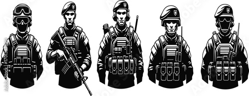 Military soldier illustration, tactical gear, black and white, army uniform, beret, helmet, rifle, combat pose, vector drawing, defense art