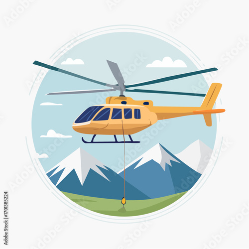 Mountain Rescue Yellow Helicopter Flying Over Snow-Capped Peaks in a Round Graphic Design for Aerial Operations