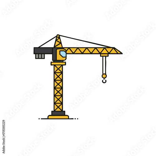 A vibrant yellow and black tower crane, a symbol of urban development and heavy industry, stands ready for construction work on a clean white background.