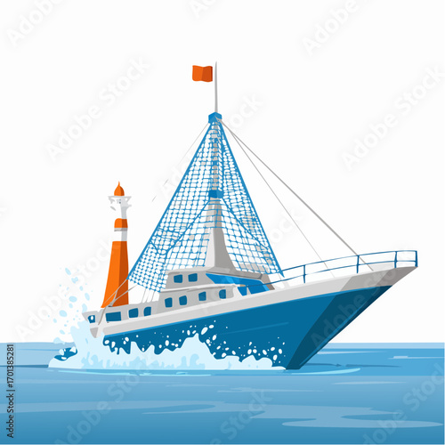 A dynamic illustration of a commercial fishing trawler navigating the ocean waves with its large net ready for a catch, symbolizing the maritime and seafood industry concept