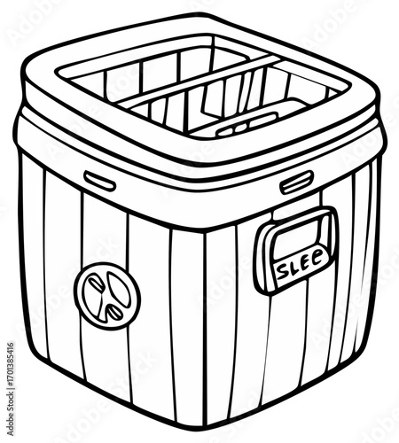 Cartoon illustration of a portable hot tub with a peace symbol and "SLEEP" label