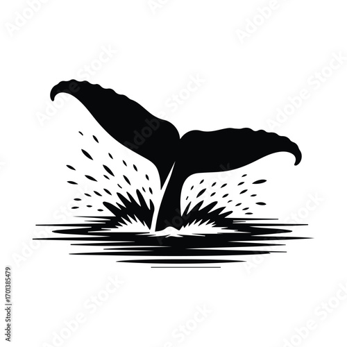 Majestic whale tail emerging from the ocean creating splashes and waves nature illustration
