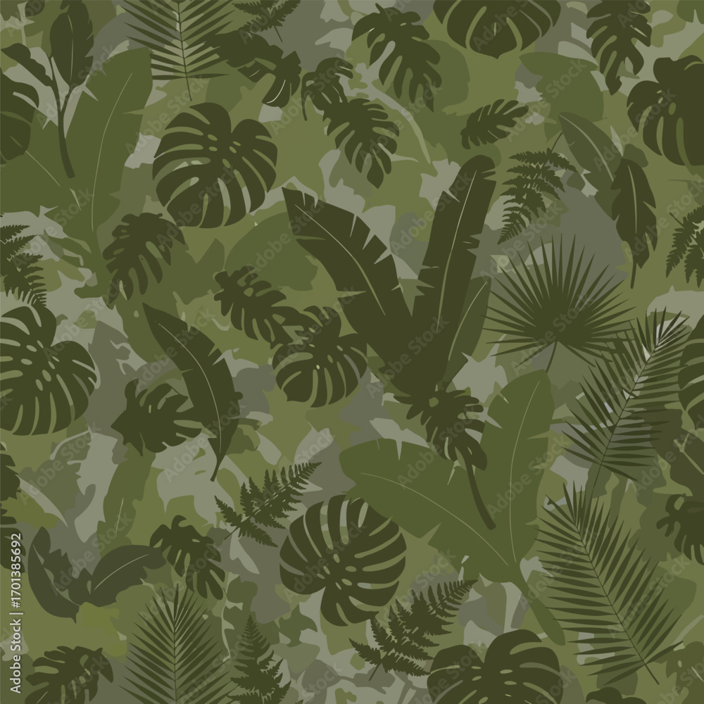 Fototapeta premium Seamless botanical camouflage pattern featuring tropical leaves in shades of green, seamless pattern, Stock royalty image.