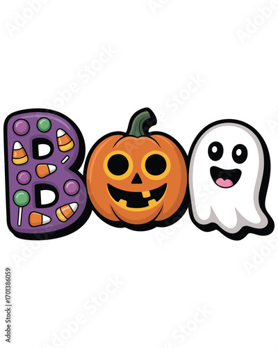 Vector art of halloween word boo with a pumpkin and a ghost