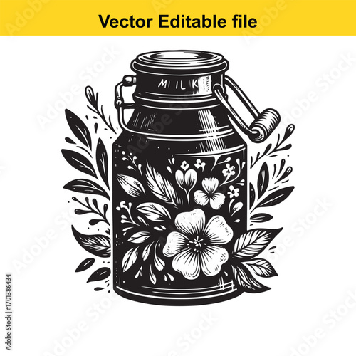 Vintage milk can with floral pattern isolated on white background