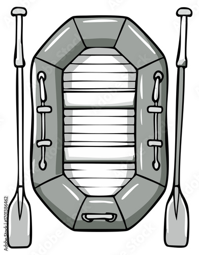 Illustration of a gray inflatable raft with paddles, suitable for water activities and adventure.