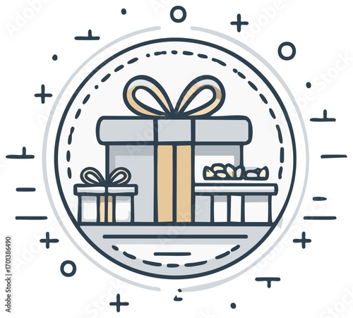 Illustrative gift boxes illustration with bow and accessories inside circular frame