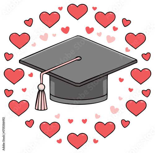 Mortarboard hat with hearts. Graduation celebration and love concept