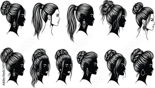 Women hairstyle silhouette, elegant hair profile, bun and ponytail styles, curly hair texture, fashion illustration, beauty concept, black and white