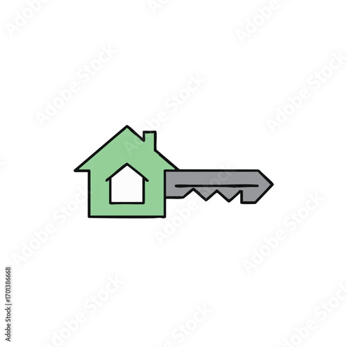 This minimalist illustration features a green house icon integrated with a grey key, symbolizing home ownership, property access, and real estate security.