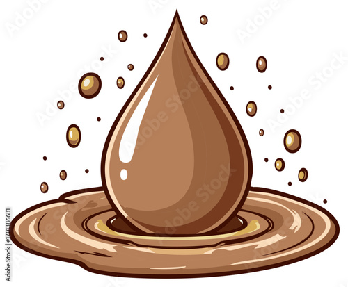 Brown liquid drop splash and impact, stylized cartoon illustration.