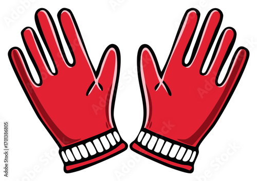 Stylized Illustration of Pair of Red Winter Gloves with White Cuffs Isolated on White