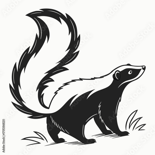 Black and white graphic illustration of a standing skunk animal
