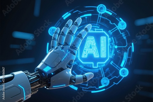 AI Artificial Intelligence, Data Science, Information technology concept. Futuristic robotic hand reaching towards AI interface display.