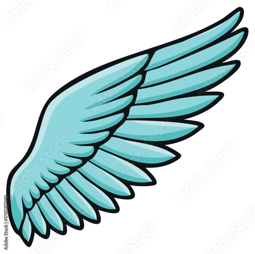 Isolated light blue wing, plumage design element, stylized vector illustration of feather structure isolated over white.