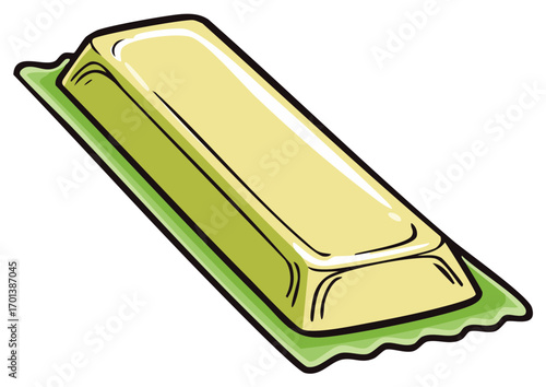 Cartoon Illustration of Gold Bar on Green Pad, Symbolic Wealth and Treasure