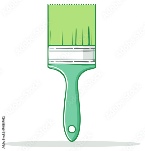 Illustration of a green handled paint brush with light green bristles and a metal ferrule