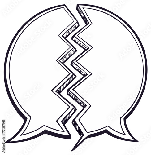 Hand drawn broken speech bubble split in half by zigzag crack communication breakdown symbol
