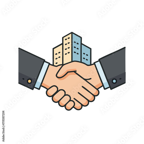 A professional handshake between two business partners signifies a successful real estate deal or a new corporate acquisition, illustrating agreement and collaboration.