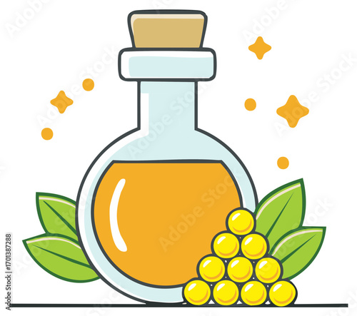 Herbal remedy essence in glass bottle with cork, plant leaves and shiny round berry decorations for beauty and health vector concept