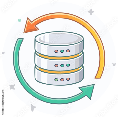 Database server with circular arrows representing data synchronization and backup