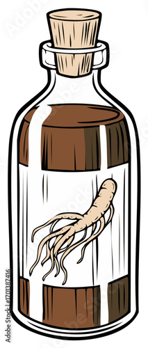 Cartoon illustration of a ginseng root tincture in an apothecary bottle