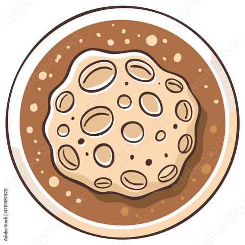 Illustration of a light brown, flatbread-like food in a round bowl