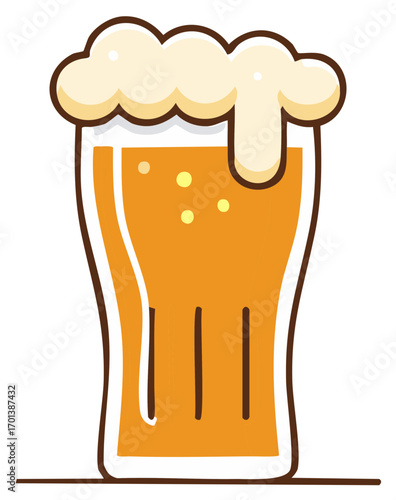 Refreshing golden beer in a tall glass with thick foam, cartoon vector illustration.