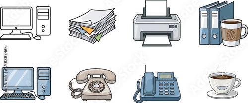 Office equipment icons with computer, printer, scanner, folders, phones, coffee cups, and workplace tools for business, corporate, and admin use
