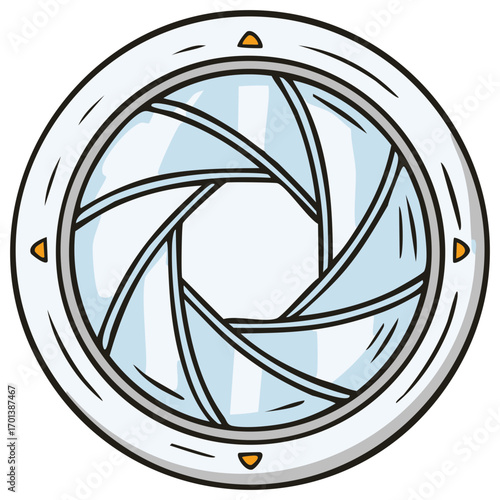 Stylized camera aperture with overlapping blades and metallic outer ring