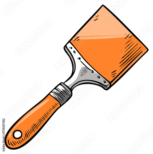Illustrative orange handled putty knife tool for home improvement and renovation projects