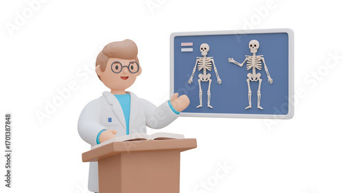 Cartoon doctor explaining human skeleton anatomy using a chart in a medical office, providing educational information with a friendly and approachable demeanor.