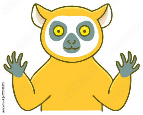 Friendly cartoon lemur waving hello with both hands raised