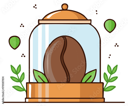 Isolated Cartoon Coffee Bean in Display Jar with Leaves Accent Illustration