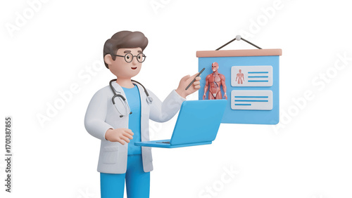 Doctor explaining human anatomy using laptop and presentation board in clinic, providing medical education with modern technology, informative and professional.
