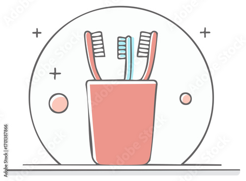 Three pastel colored toothbrushes in a pink cup representing daily oral hygiene and healthy dental care