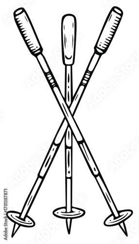 Three ski poles crossed in a classic black and white hand drawn line art illustration
